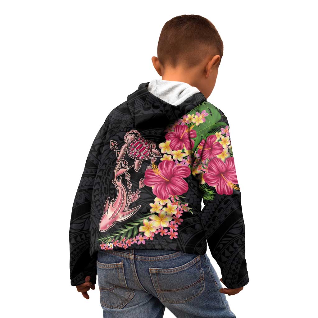 Hawaiian Tropical Plants Turtle and Shark Kid Hoodie Polynesian Art Tattoo