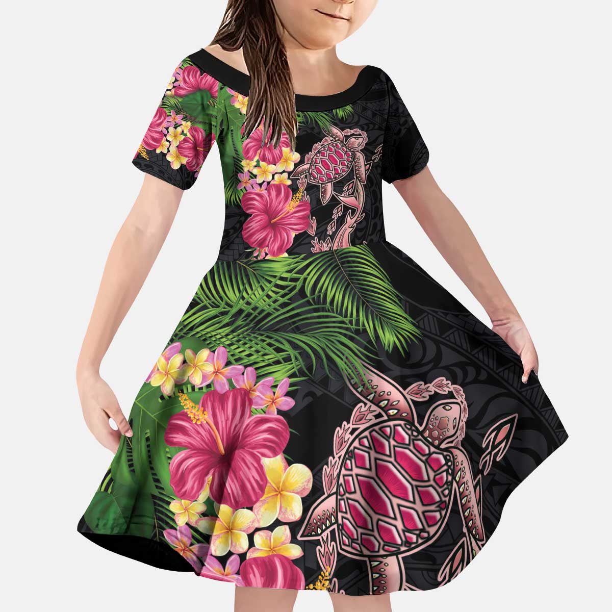 Hawaiian Tropical Plants Turtle and Shark Kid Short Sleeve Dress Polynesian Art Tattoo