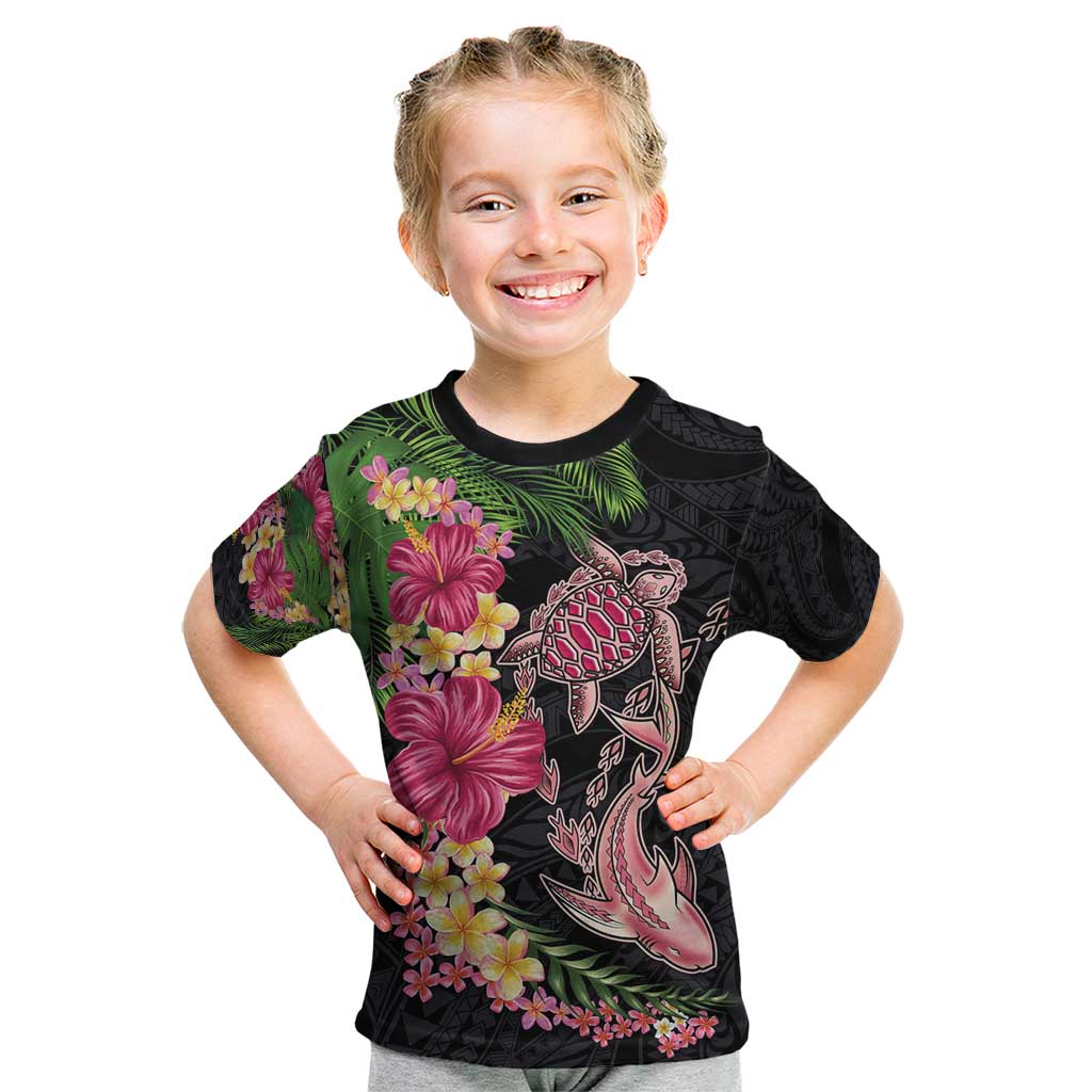 Hawaiian Tropical Plants Turtle and Shark Kid T Shirt Polynesian Art Tattoo