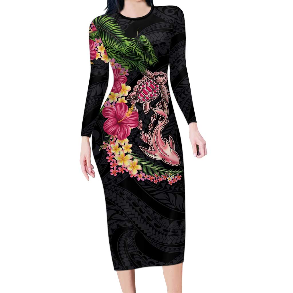 Hawaiian Tropical Plants Turtle and Shark Long Sleeve Bodycon Dress Polynesian Art Tattoo