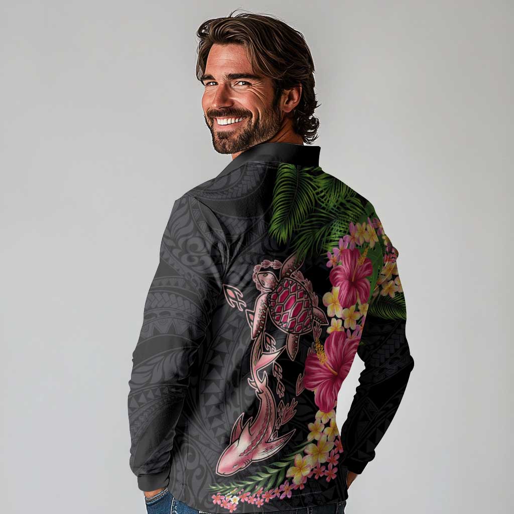 Hawaiian Tropical Plants Turtle and Shark Long Sleeve Polo Shirt Polynesian Art Tattoo