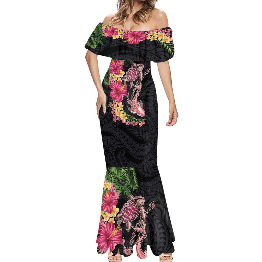 Hawaiian Tropical Plants Turtle and Shark Mermaid Dress Polynesian Art Tattoo
