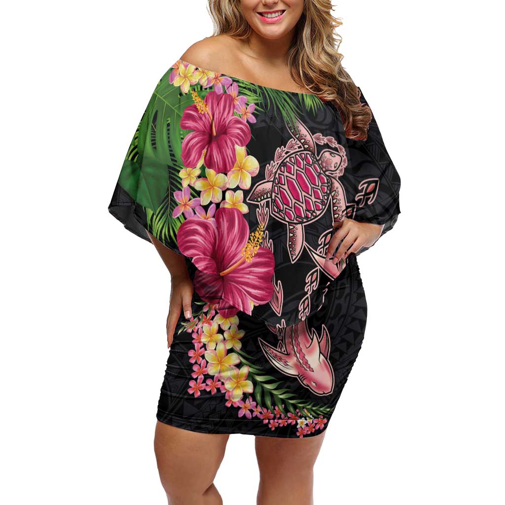 Hawaiian Tropical Plants Turtle and Shark Off Shoulder Short Dress Polynesian Art Tattoo