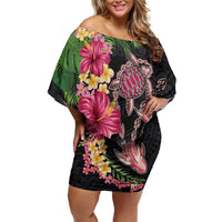 Hawaiian Tropical Plants Turtle and Shark Off Shoulder Short Dress Polynesian Art Tattoo