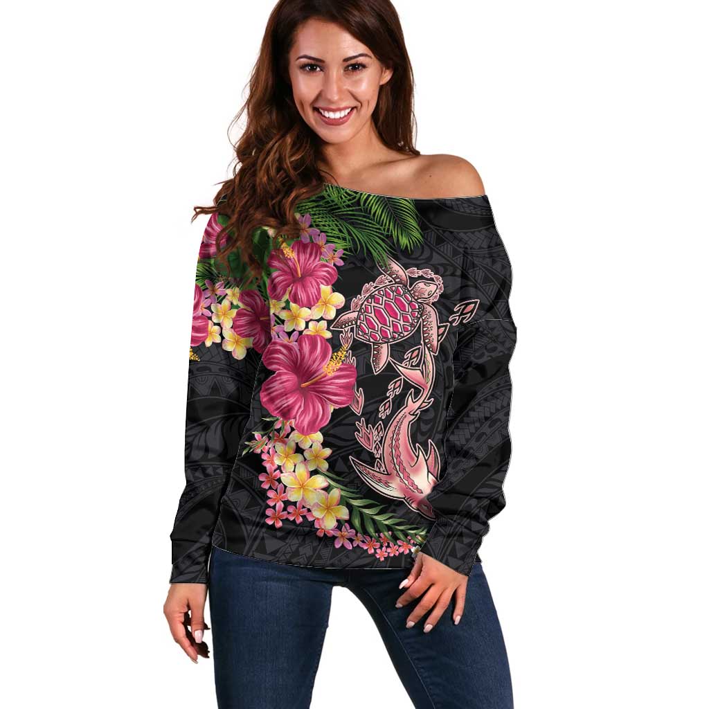 Hawaiian Tropical Plants Turtle and Shark Off Shoulder Sweater Polynesian Art Tattoo