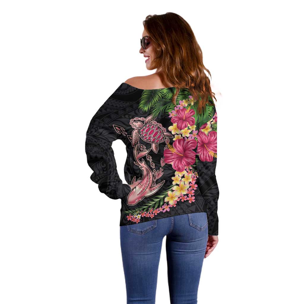 Hawaiian Tropical Plants Turtle and Shark Off Shoulder Sweater Polynesian Art Tattoo