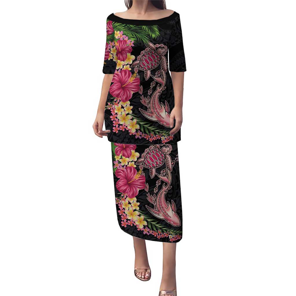 Hawaiian Tropical Plants Turtle and Shark Puletasi Polynesian Art Tattoo