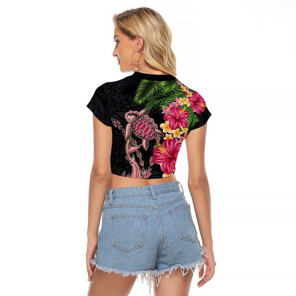Hawaiian Tropical Plants Turtle and Shark Raglan Cropped T Shirt Polynesian Art Tattoo
