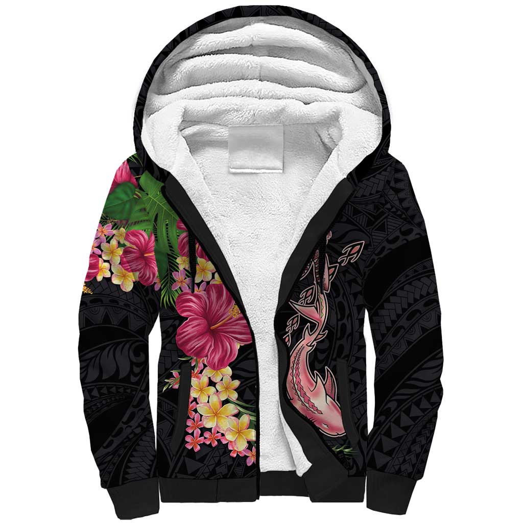 Hawaiian Tropical Plants Turtle and Shark Sherpa Hoodie Polynesian Art Tattoo