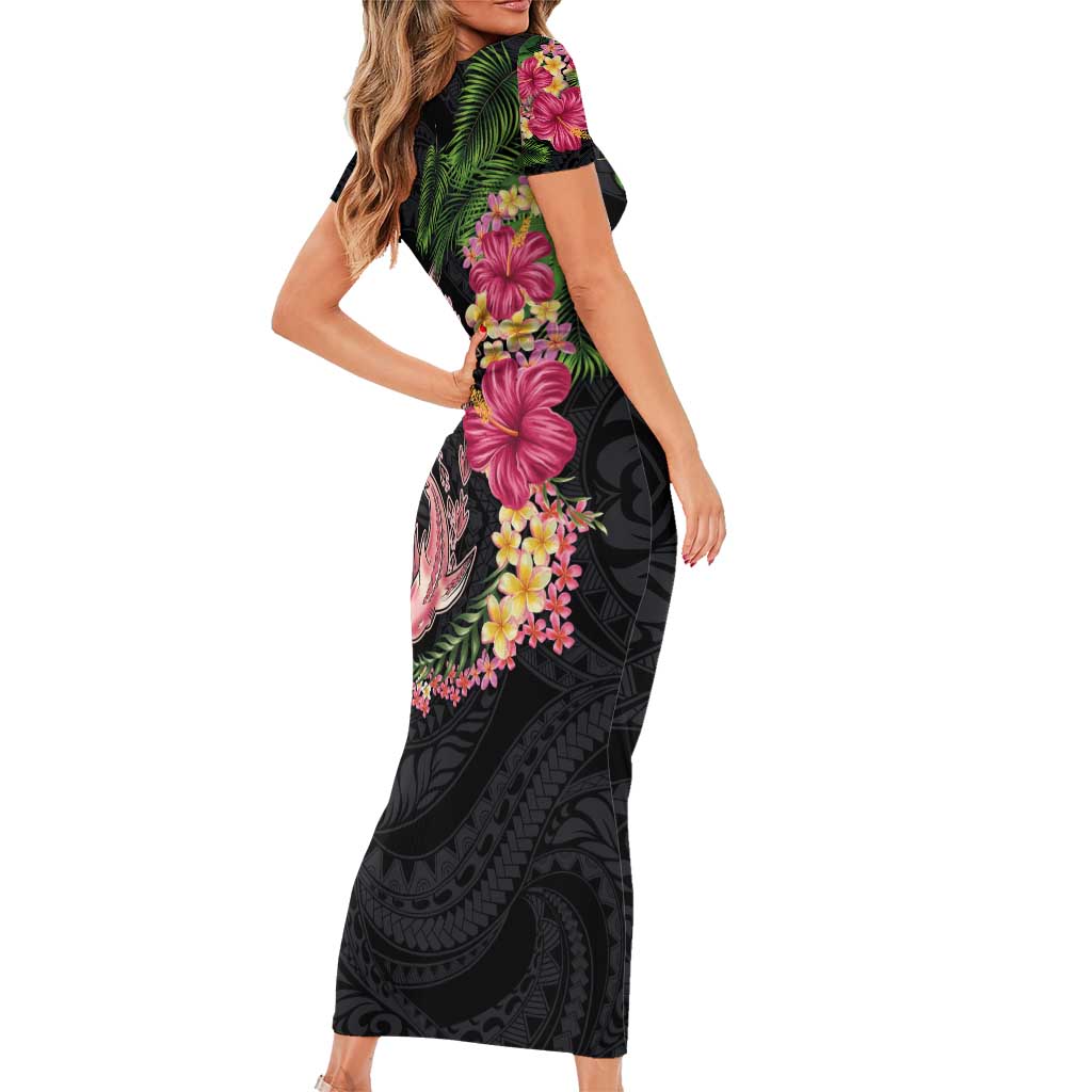 Hawaiian Tropical Plants Turtle and Shark Short Sleeve Bodycon Dress Polynesian Art Tattoo