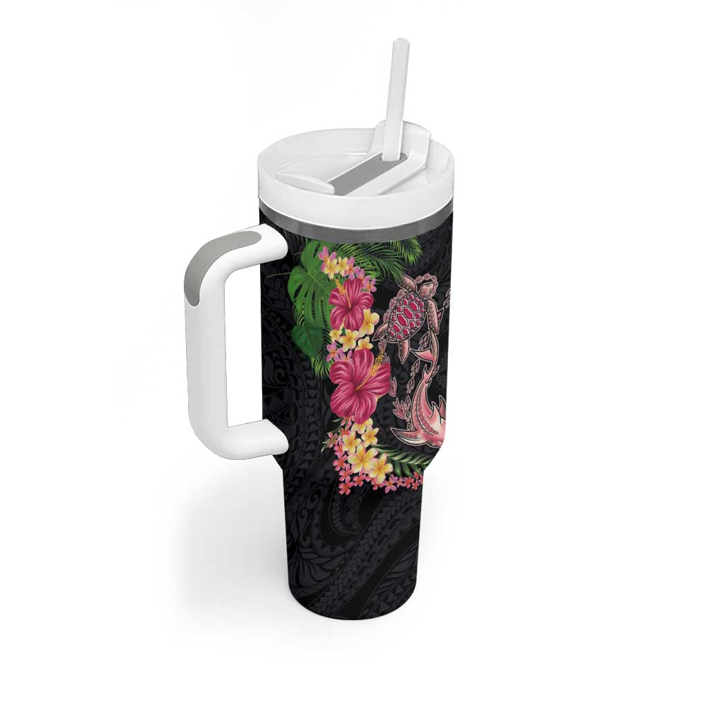 Hawaiian Tropical Plants Turtle and Shark Tumbler With Handle Polynesian Art Tattoo