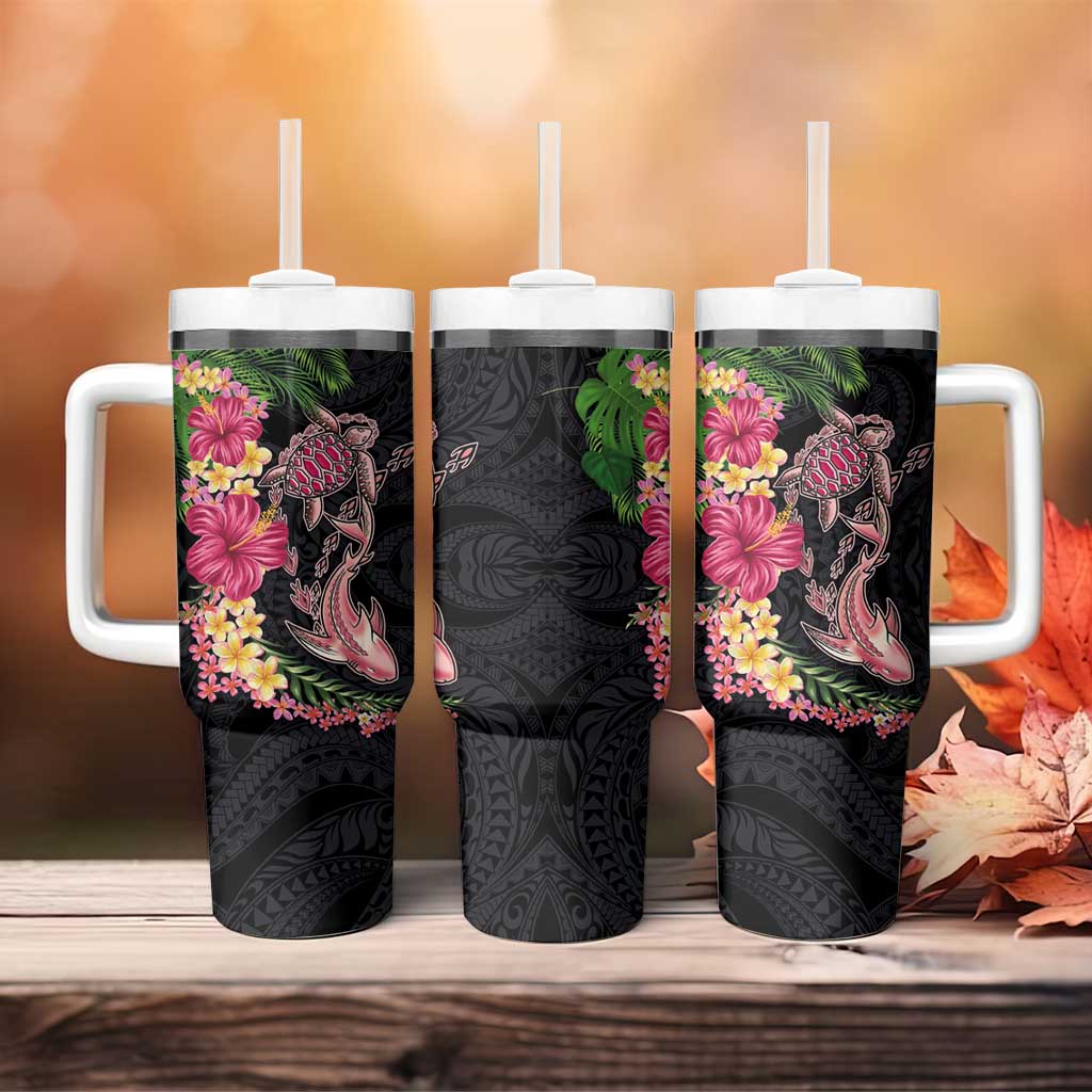 Hawaiian Tropical Plants Turtle and Shark Tumbler With Handle Polynesian Art Tattoo