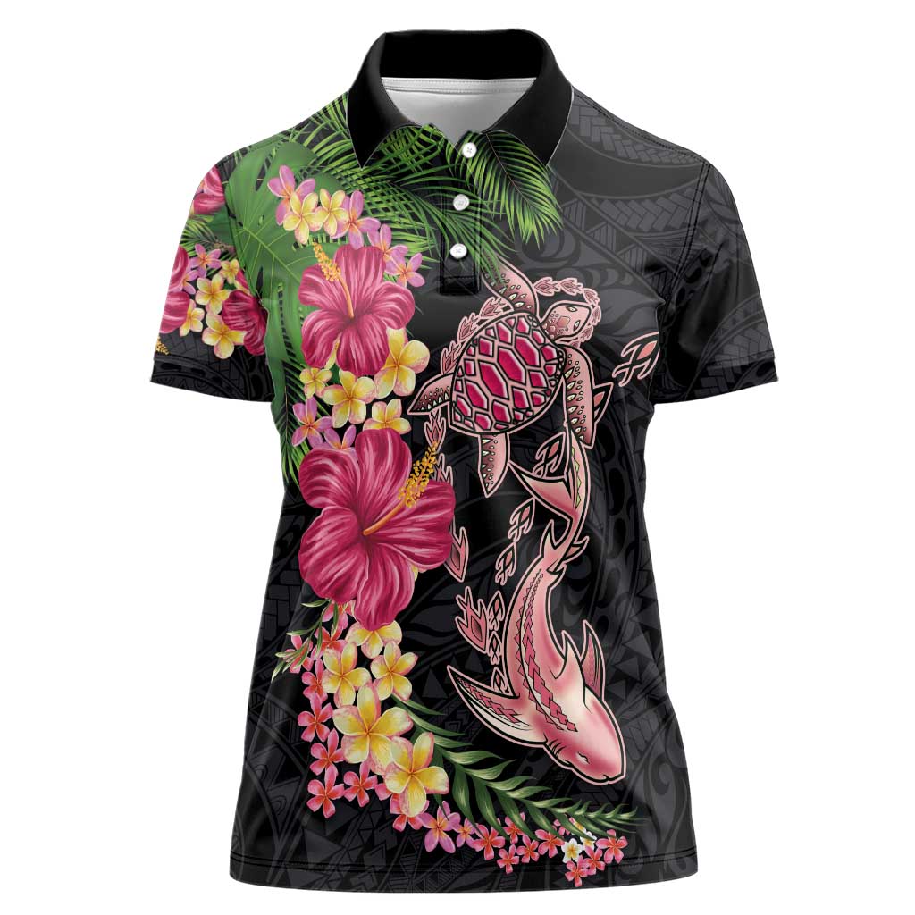 Hawaiian Tropical Plants Turtle and Shark Women Polo Shirt Polynesian Art Tattoo LT03 Female Black - Polynesian Pride