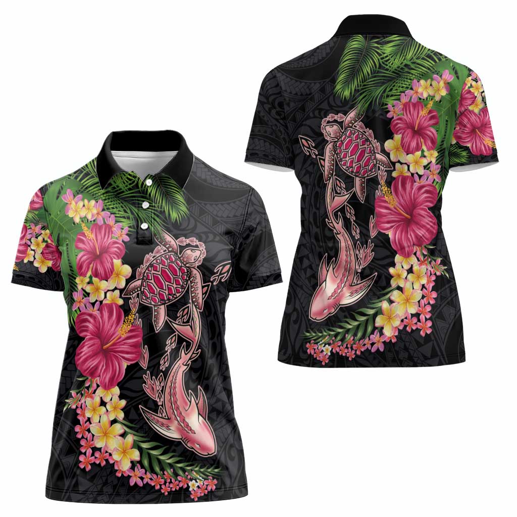 Hawaiian Tropical Plants Turtle and Shark Women Polo Shirt Polynesian Art Tattoo LT03 - Polynesian Pride