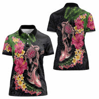 Hawaiian Tropical Plants Turtle and Shark Women Polo Shirt Polynesian Art Tattoo LT03 - Polynesian Pride