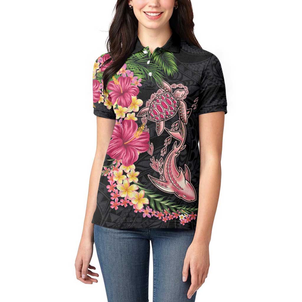Hawaiian Tropical Plants Turtle and Shark Women Polo Shirt Polynesian Art Tattoo LT03 - Polynesian Pride