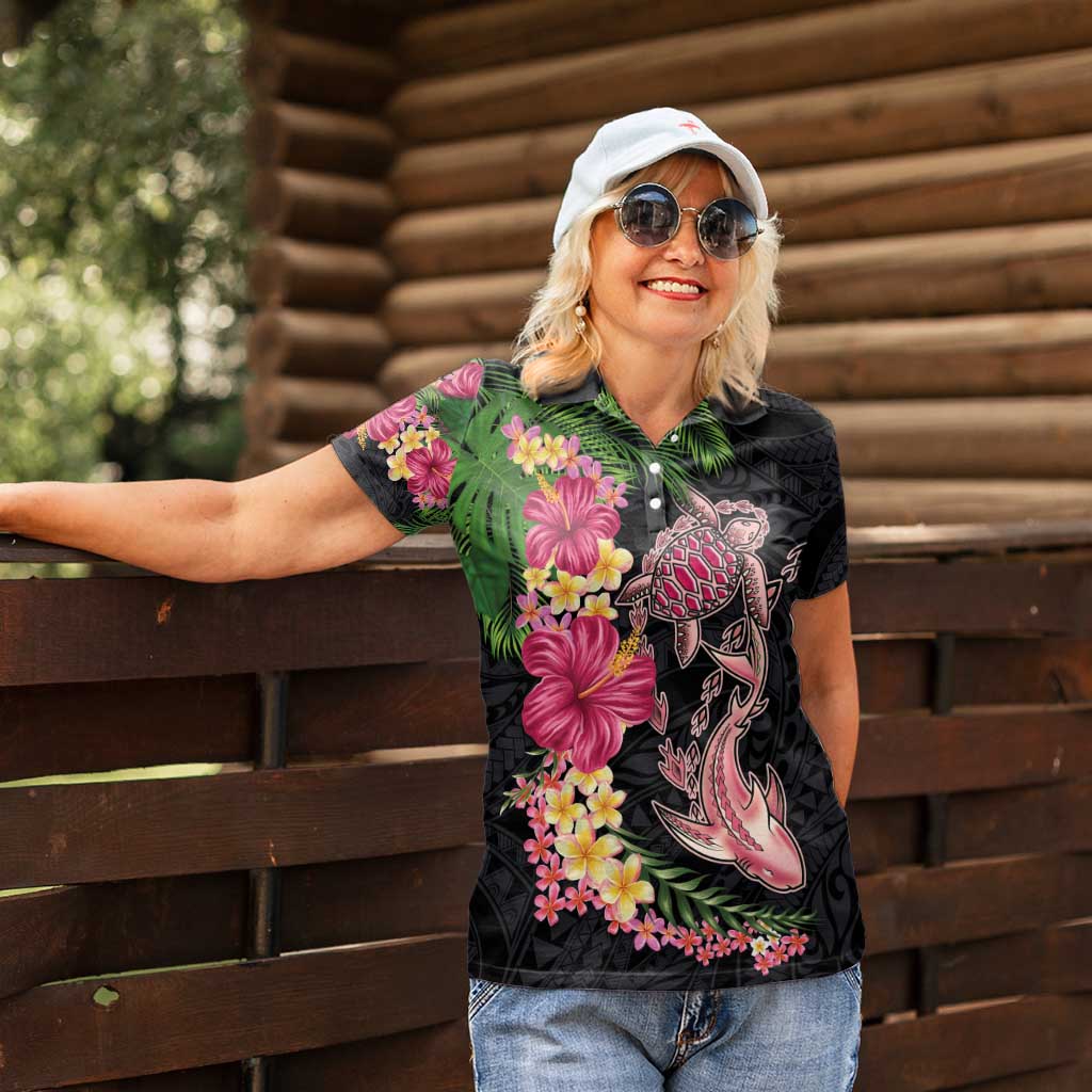 Hawaiian Tropical Plants Turtle and Shark Women Polo Shirt Polynesian Art Tattoo LT03 - Polynesian Pride