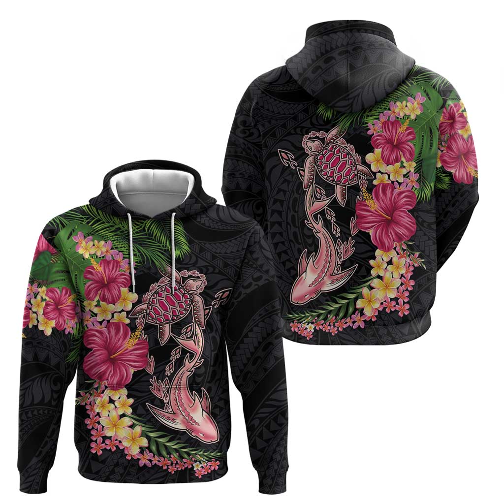Hawaiian Tropical Plants Turtle and Shark Zip Hoodie Polynesian Art Tattoo