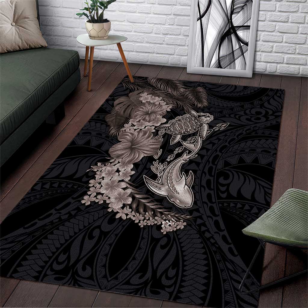 Hawaiian Tropical Plants Turtle and Shark Area Rug Polynesian Art Tattoo Grayscale Color