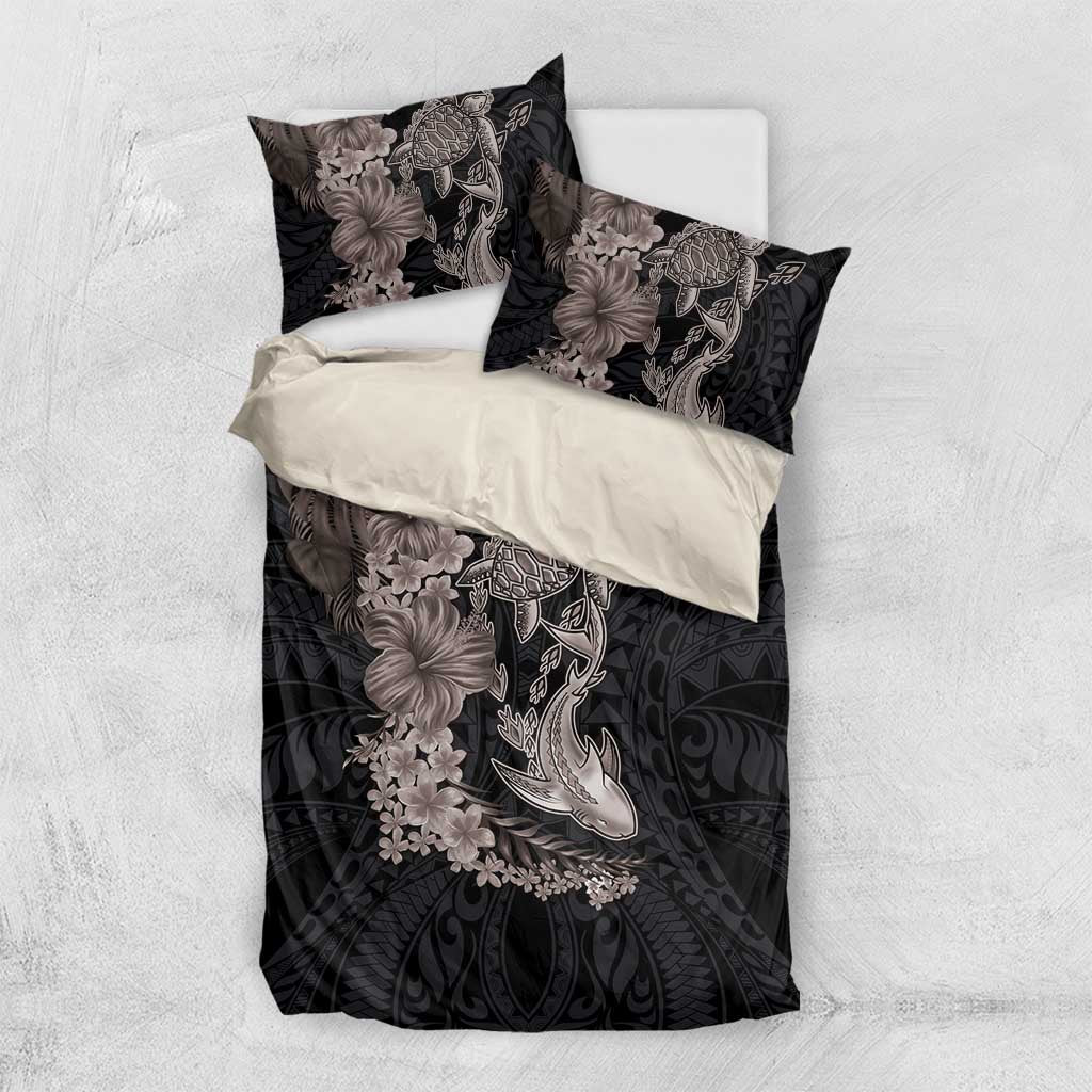 Hawaiian Tropical Plants Turtle and Shark Bedding Set Polynesian Art Tattoo Grayscale Color
