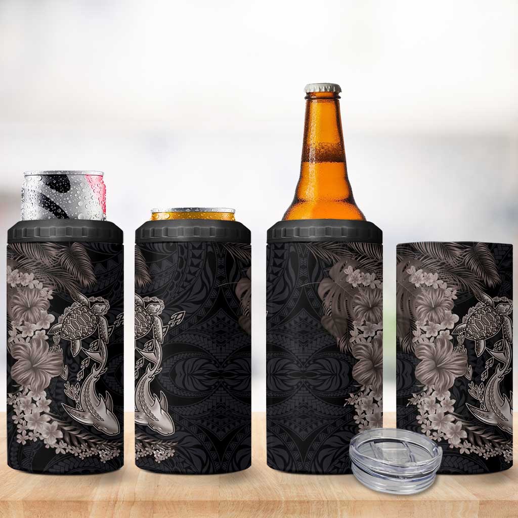 Hawaiian Tropical Plants Turtle and Shark 4 in 1 Can Cooler Tumbler Polynesian Art Tattoo Grayscale Color