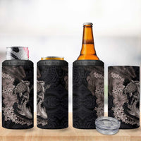 Hawaiian Tropical Plants Turtle and Shark 4 in 1 Can Cooler Tumbler Polynesian Art Tattoo Grayscale Color