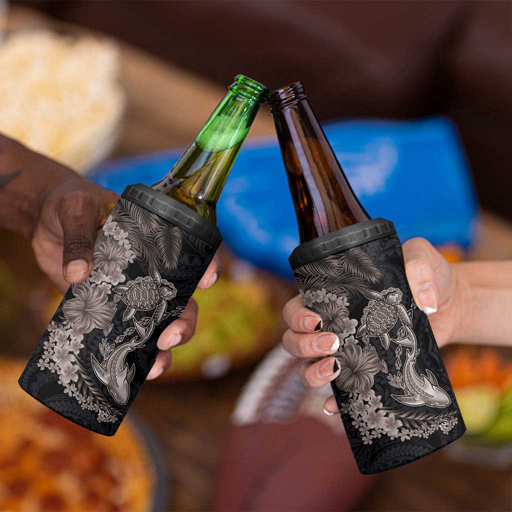 Hawaiian Tropical Plants Turtle and Shark 4 in 1 Can Cooler Tumbler Polynesian Art Tattoo Grayscale Color