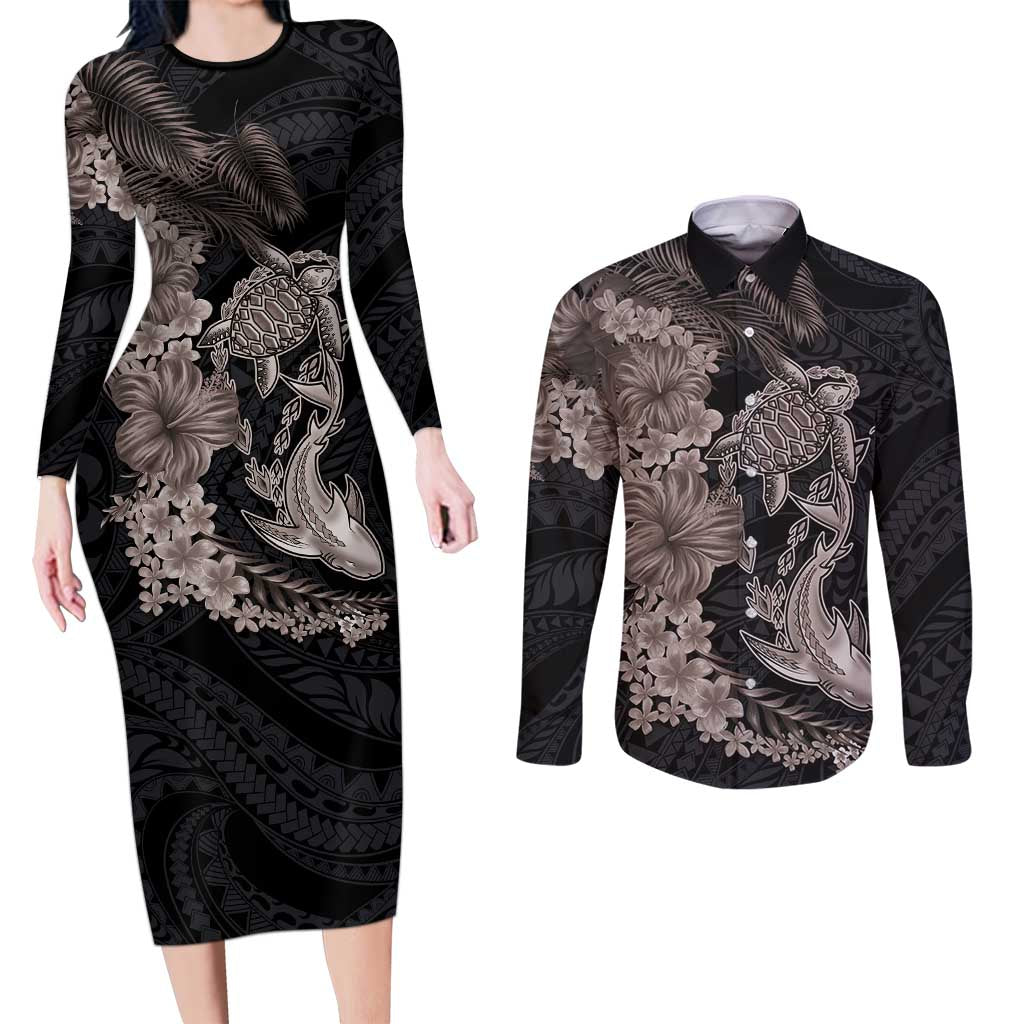Hawaiian Tropical Plants Turtle and Shark Couples Matching Long Sleeve Bodycon Dress and Long Sleeve Button Shirt Polynesian Art Tattoo Grayscale Color LT03 Black - Polynesian Pride