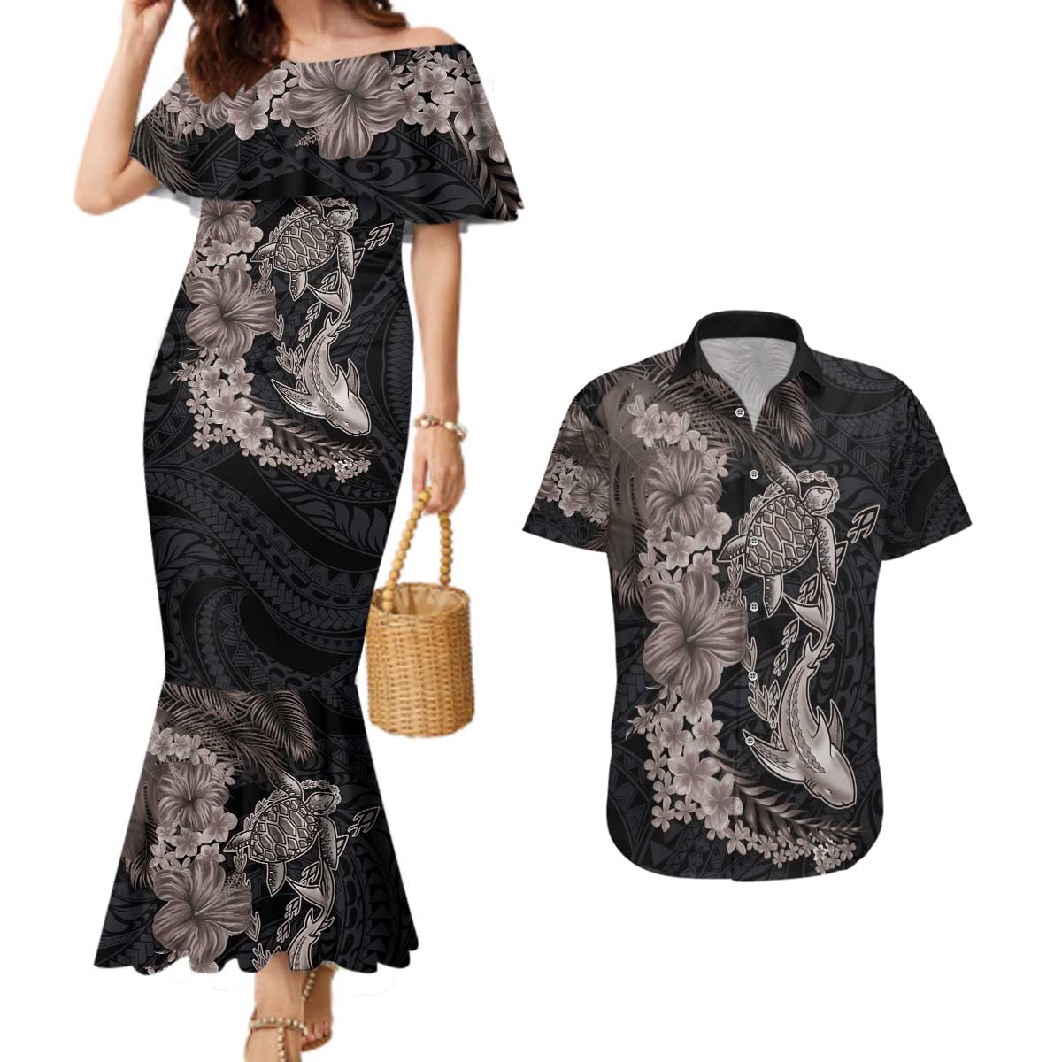 Hawaiian Tropical Plants Turtle and Shark Couples Matching Mermaid Dress and Hawaiian Shirt Polynesian Art Tattoo Grayscale Color