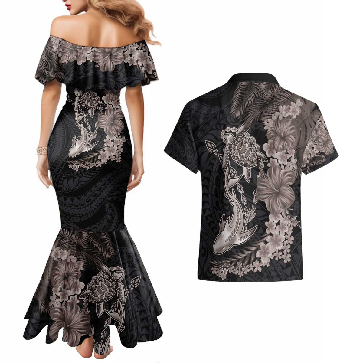 Hawaiian Tropical Plants Turtle and Shark Couples Matching Mermaid Dress and Hawaiian Shirt Polynesian Art Tattoo Grayscale Color LT03 - Polynesian Pride