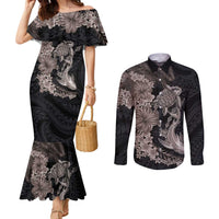 Hawaiian Tropical Plants Turtle and Shark Couples Matching Mermaid Dress and Long Sleeve Button Shirt Polynesian Art Tattoo Grayscale Color LT03 Black - Polynesian Pride