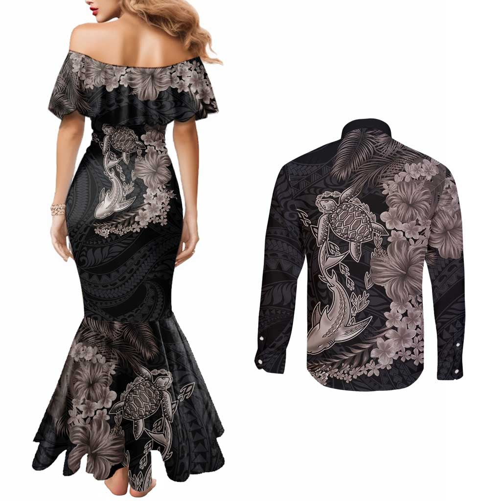 Hawaiian Tropical Plants Turtle and Shark Couples Matching Mermaid Dress and Long Sleeve Button Shirt Polynesian Art Tattoo Grayscale Color LT03 - Polynesian Pride