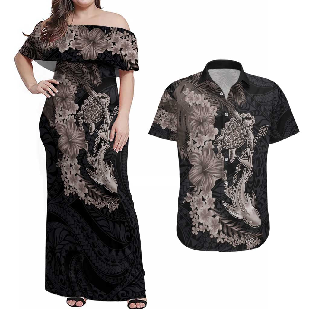 Hawaiian Tropical Plants Turtle and Shark Couples Matching Off Shoulder Maxi Dress and Hawaiian Shirt Polynesian Art Tattoo Grayscale Color LT03 Black - Polynesian Pride