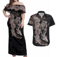 Hawaiian Tropical Plants Turtle and Shark Couples Matching Off Shoulder Maxi Dress and Hawaiian Shirt Polynesian Art Tattoo Grayscale Color LT03 Black - Polynesian Pride