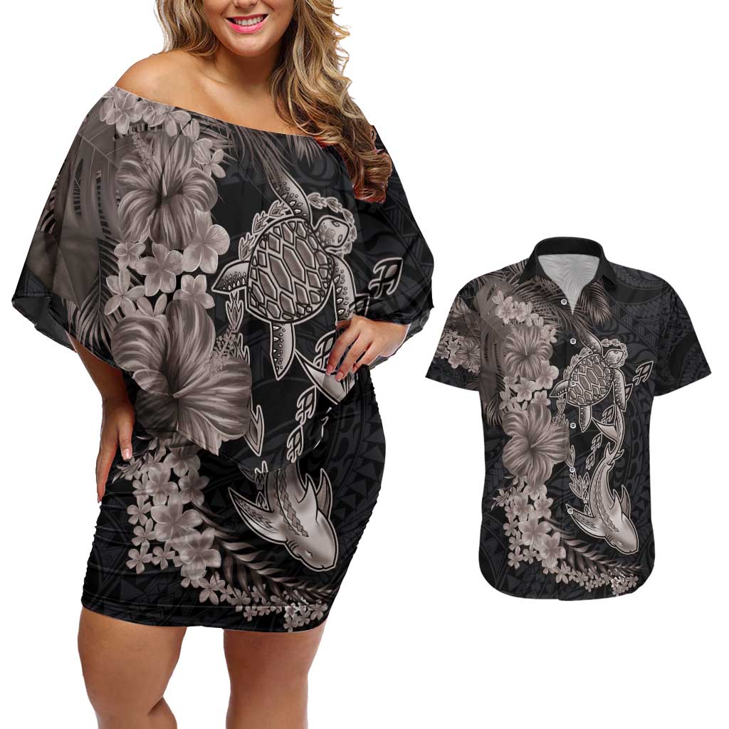 Hawaiian Tropical Plants Turtle and Shark Couples Matching Off Shoulder Short Dress and Hawaiian Shirt Polynesian Art Tattoo Grayscale Color LT03 Black - Polynesian Pride