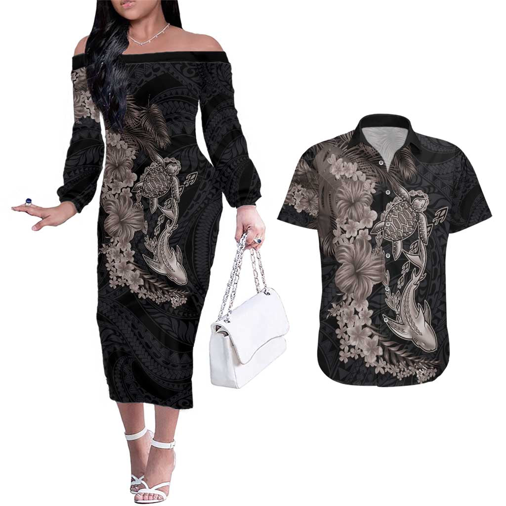 Hawaiian Tropical Plants Turtle and Shark Couples Matching Off The Shoulder Long Sleeve Dress and Hawaiian Shirt Polynesian Art Tattoo Grayscale Color