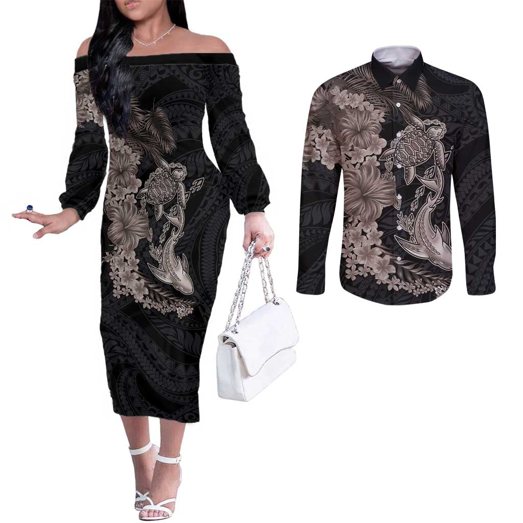Hawaiian Tropical Plants Turtle and Shark Couples Matching Off The Shoulder Long Sleeve Dress and Long Sleeve Button Shirt Polynesian Art Tattoo Grayscale Color