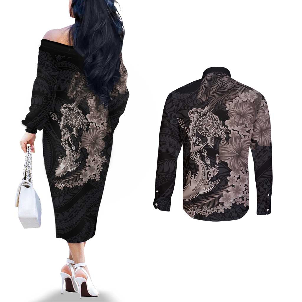 Hawaiian Tropical Plants Turtle and Shark Couples Matching Off The Shoulder Long Sleeve Dress and Long Sleeve Button Shirt Polynesian Art Tattoo Grayscale Color LT03 - Polynesian Pride