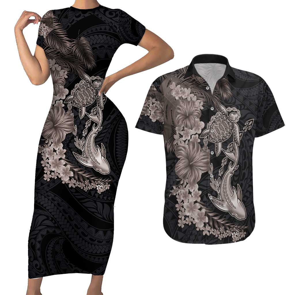 Hawaiian Tropical Plants Turtle and Shark Couples Matching Short Sleeve Bodycon Dress and Hawaiian Shirt Polynesian Art Tattoo Grayscale Color LT03 Black - Polynesian Pride