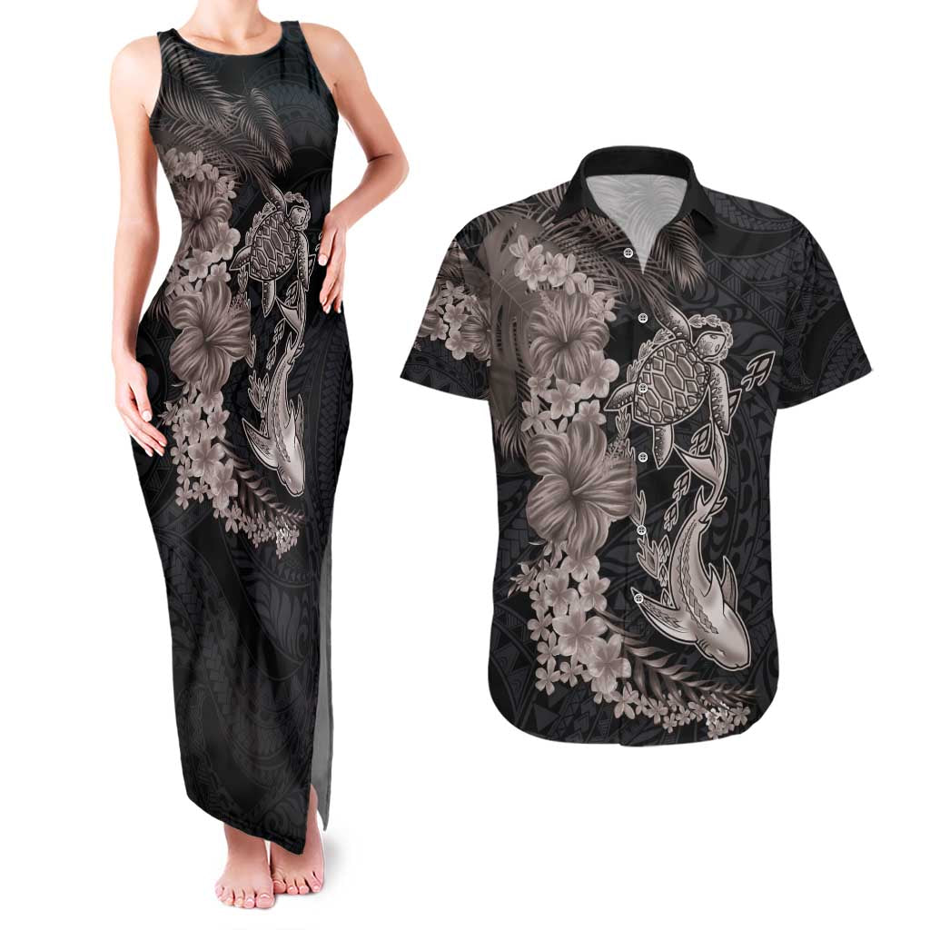 Hawaiian Tropical Plants Turtle and Shark Couples Matching Tank Maxi Dress and Hawaiian Shirt Polynesian Art Tattoo Grayscale Color