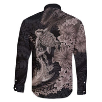 Hawaiian Tropical Plants Turtle and Shark Family Matching Long Sleeve Bodycon Dress and Hawaiian Shirt Polynesian Art Tattoo Grayscale Color LT03 - Polynesian Pride