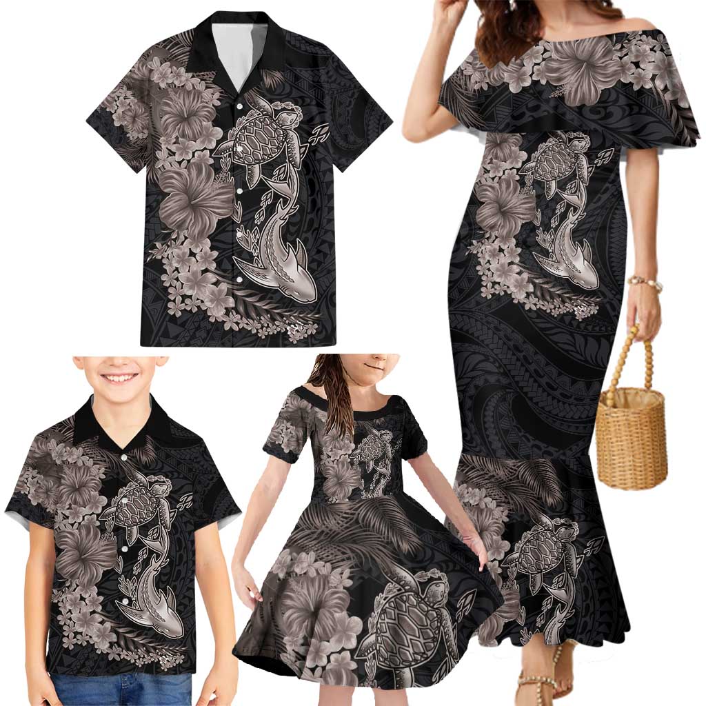Hawaiian Tropical Plants Turtle and Shark Family Matching Mermaid Dress and Hawaiian Shirt Polynesian Art Tattoo Grayscale Color LT03 - Polynesian Pride