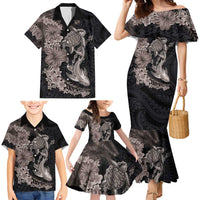 Hawaiian Tropical Plants Turtle and Shark Family Matching Mermaid Dress and Hawaiian Shirt Polynesian Art Tattoo Grayscale Color LT03 - Polynesian Pride