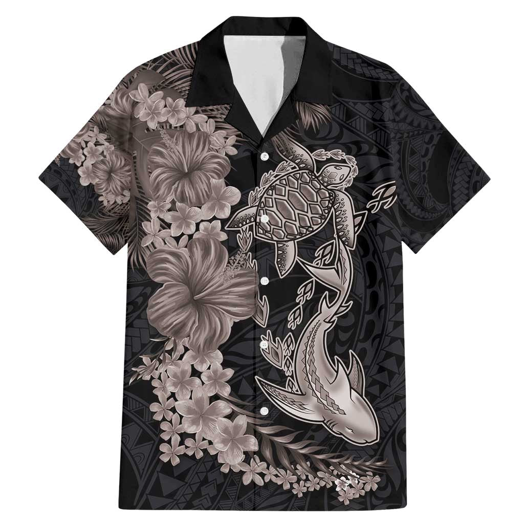 Hawaiian Tropical Plants Turtle and Shark Family Matching Mermaid Dress and Hawaiian Shirt Polynesian Art Tattoo Grayscale Color LT03 Dad's Shirt - Short Sleeve Black - Polynesian Pride
