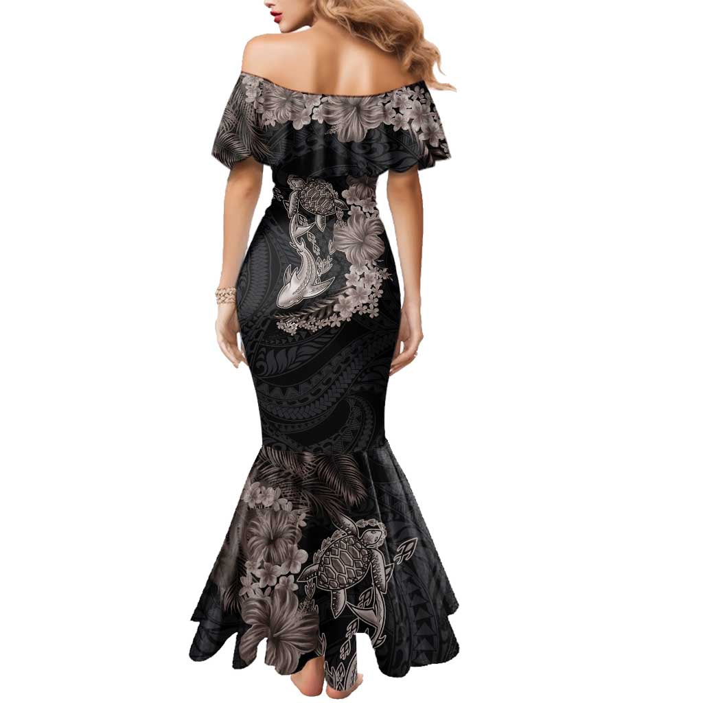 Hawaiian Tropical Plants Turtle and Shark Family Matching Mermaid Dress and Hawaiian Shirt Polynesian Art Tattoo Grayscale Color LT03 - Polynesian Pride