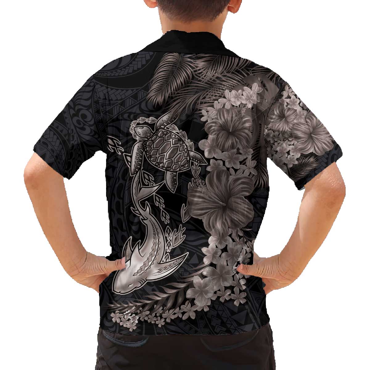 Hawaiian Tropical Plants Turtle and Shark Family Matching Off The Shoulder Long Sleeve Dress and Hawaiian Shirt Polynesian Art Tattoo Grayscale Color
