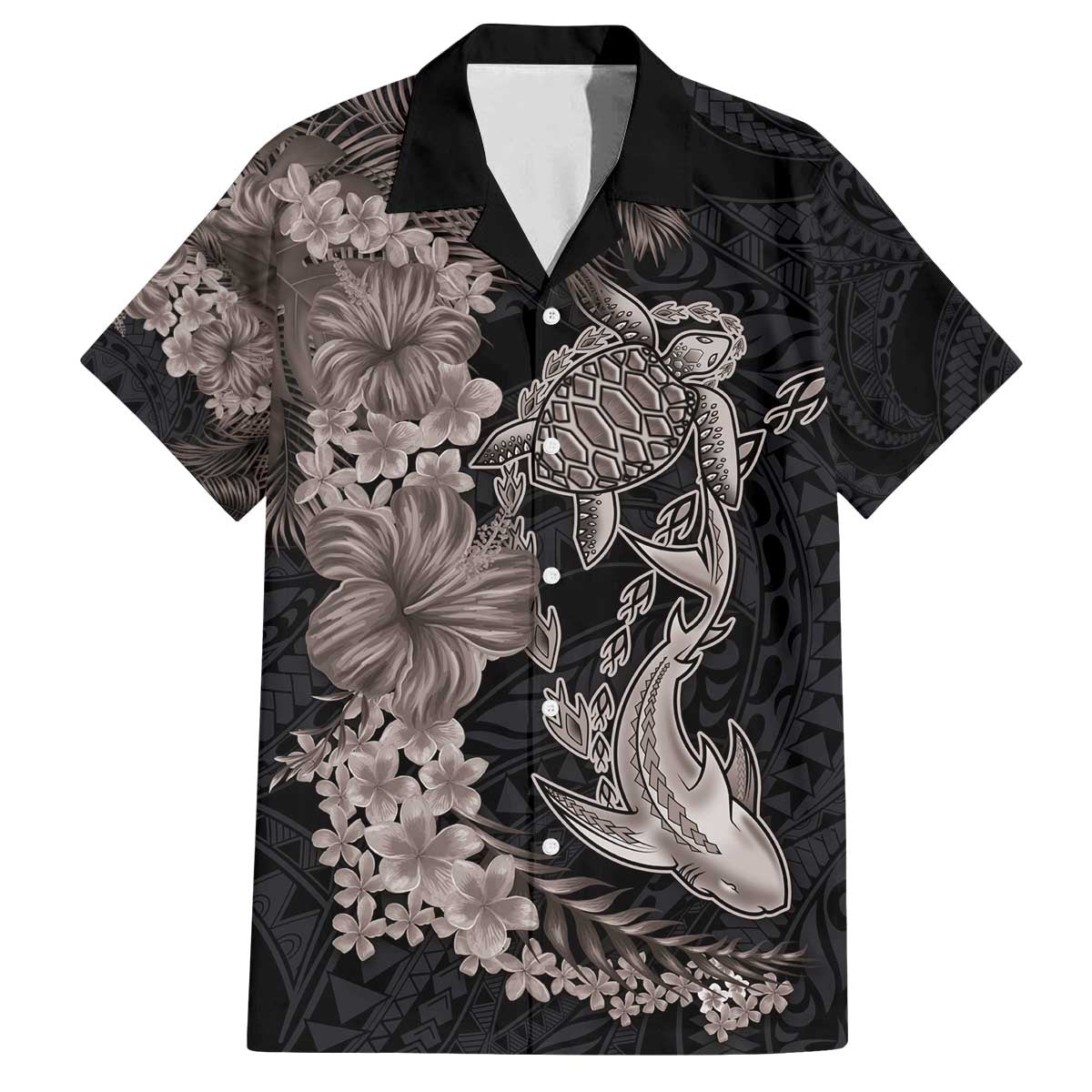 Hawaiian Tropical Plants Turtle and Shark Family Matching Off The Shoulder Long Sleeve Dress and Hawaiian Shirt Polynesian Art Tattoo Grayscale Color
