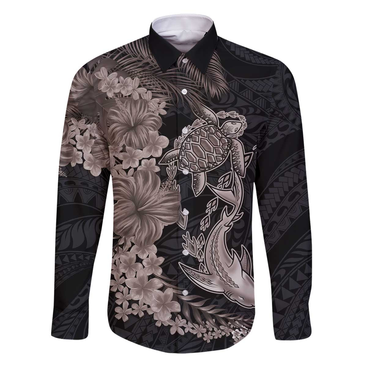 Hawaiian Tropical Plants Turtle and Shark Family Matching Off The Shoulder Long Sleeve Dress and Hawaiian Shirt Polynesian Art Tattoo Grayscale Color