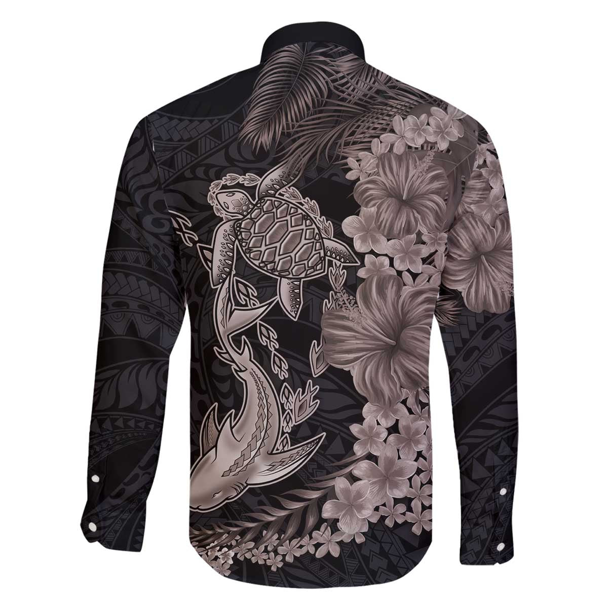 Hawaiian Tropical Plants Turtle and Shark Family Matching Off The Shoulder Long Sleeve Dress and Hawaiian Shirt Polynesian Art Tattoo Grayscale Color
