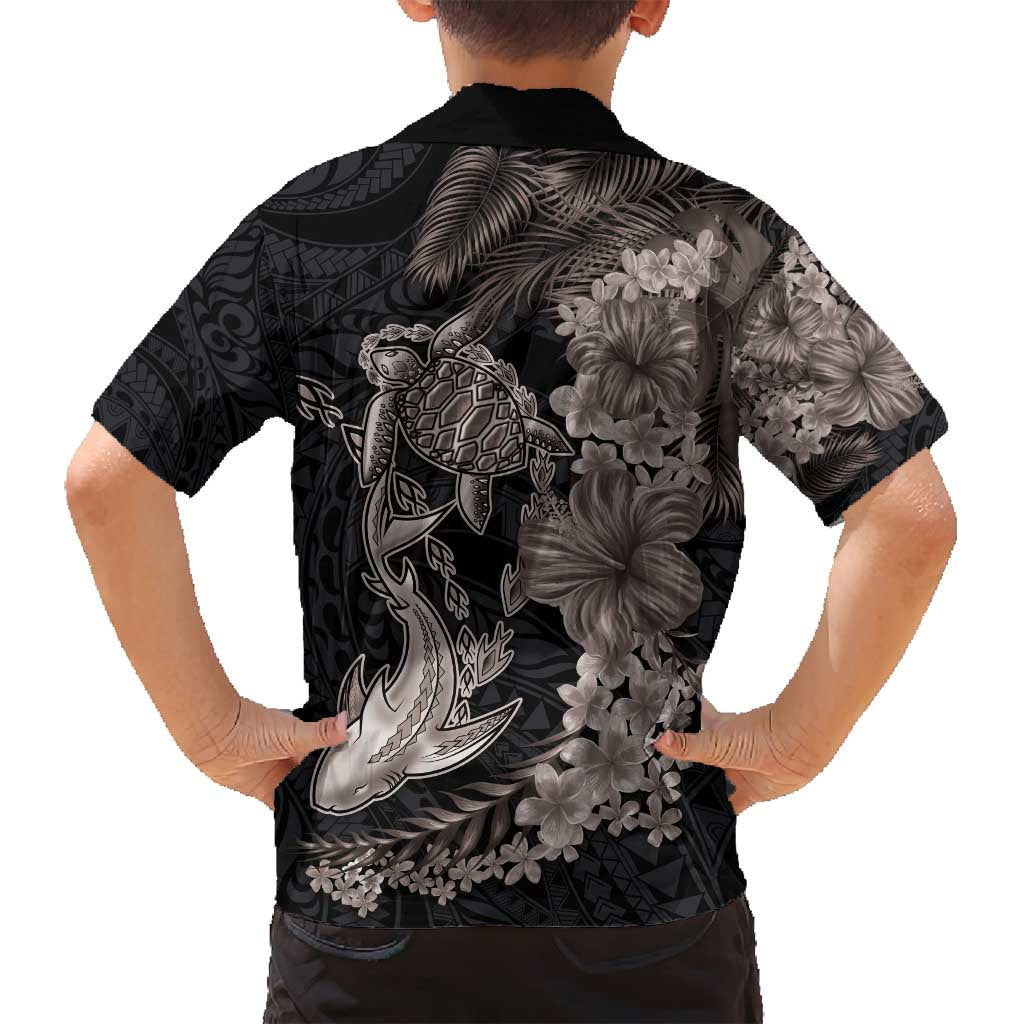 Hawaiian Tropical Plants Turtle and Shark Family Matching Off Shoulder Maxi Dress and Hawaiian Shirt Polynesian Art Tattoo Grayscale Color LT03 - Polynesian Pride